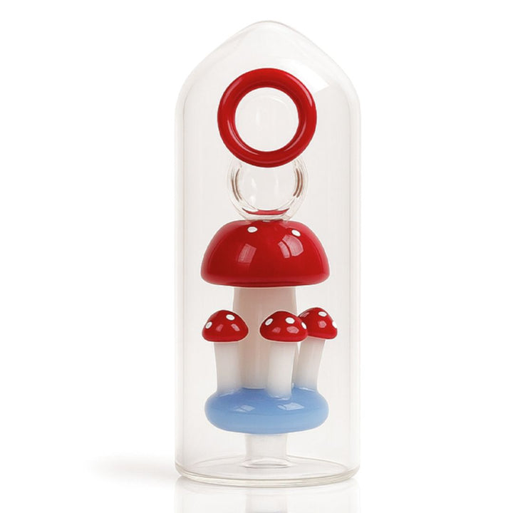 Red and blue mushroom-shaped bong under a clear dome on a white background