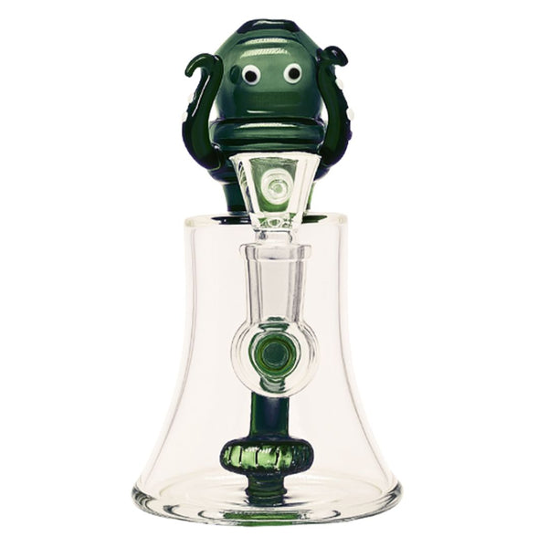 Glass smoking bong with green accents on a white background