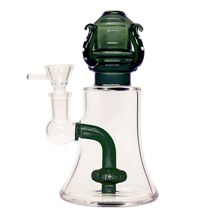 Glass smoking bong with green accents on a white background