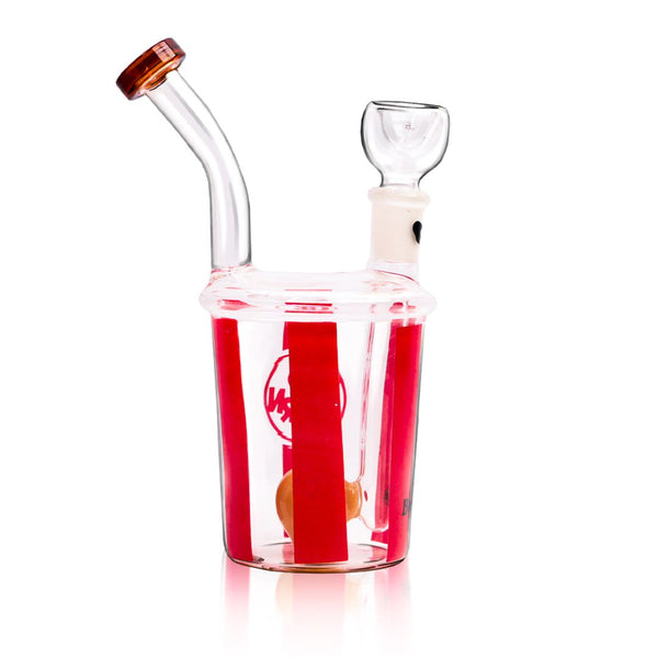 Glass smoking bong with red interior and white accents on a white background