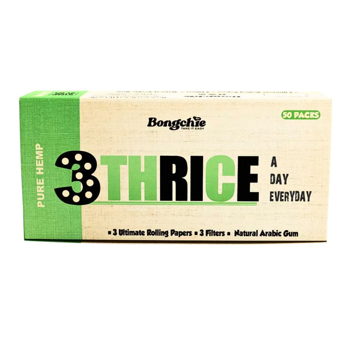Box of Bongchic 3 Thrice Pure Hemp rolling papers with green and beige design.