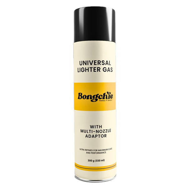 Bongchic universal lighter gas canister with black and yellow label on a white background