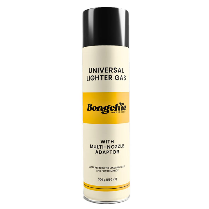 Bongchic universal lighter gas canister with black and yellow label on a white background