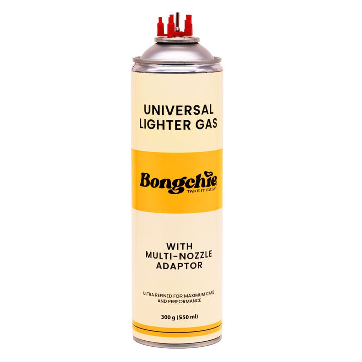 Can of Bongchic universal lighter gas with multi-nozzle adaptor on a white background