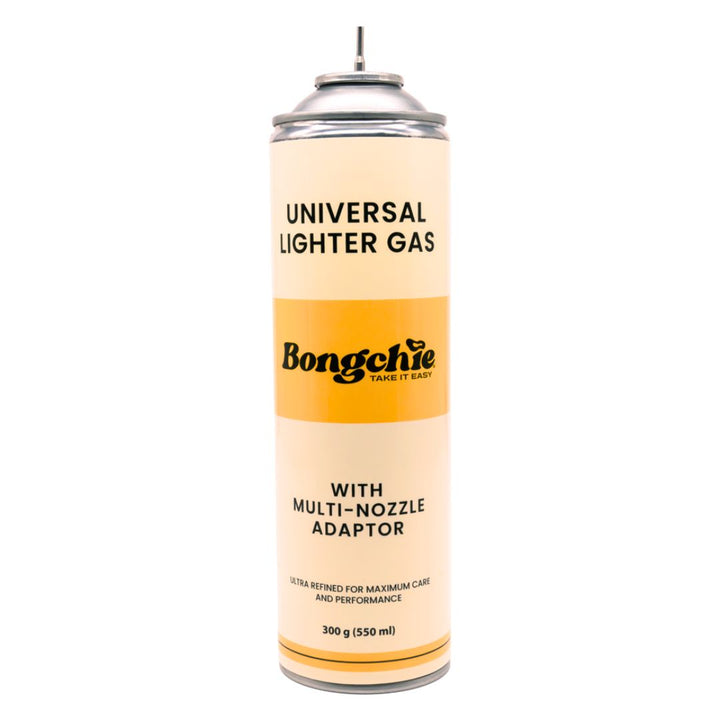 Can of Bongchie universal lighter gas with multi-nozzle adaptor on a white background