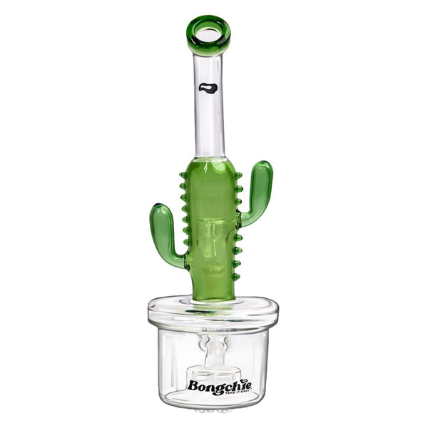 Glass smoking glass bong shaped like a cactus with green accents on a white background