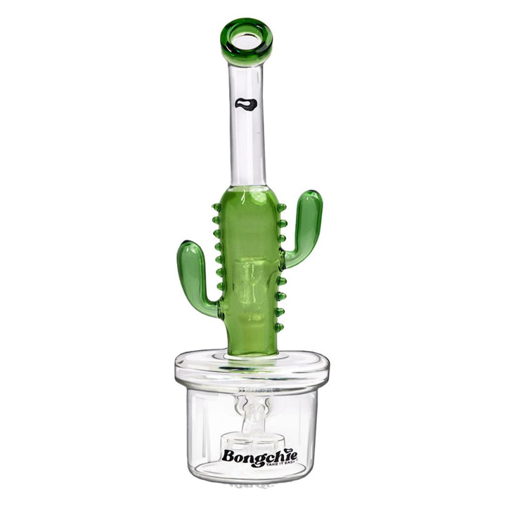 Glass smoking glass bong shaped like a cactus with green accents on a white background