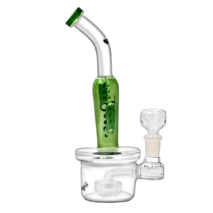Glass smoking bong with green accent on a white background