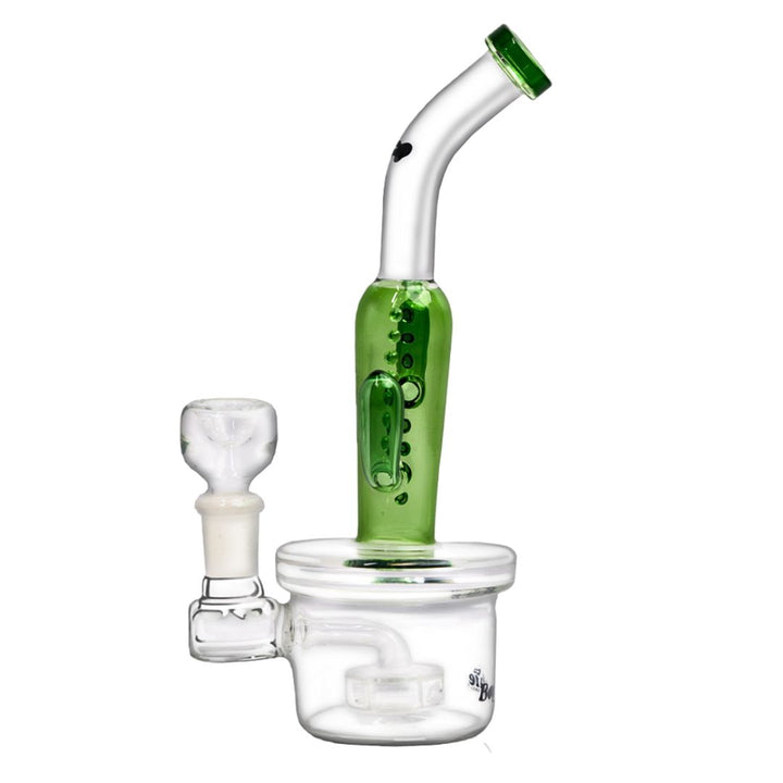 Glass smoking Bong with green accent on a white background