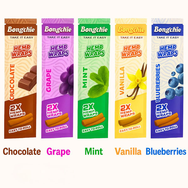 Five packages of Bongchie Hemp Wraps in different flavors on a white background.