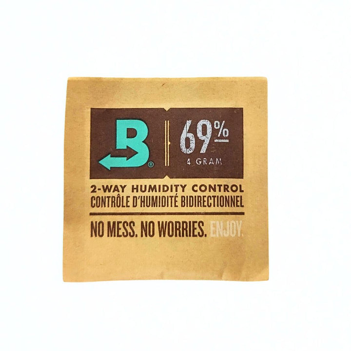 Boveda Brown humidity control pack with B logo and text on a white background
