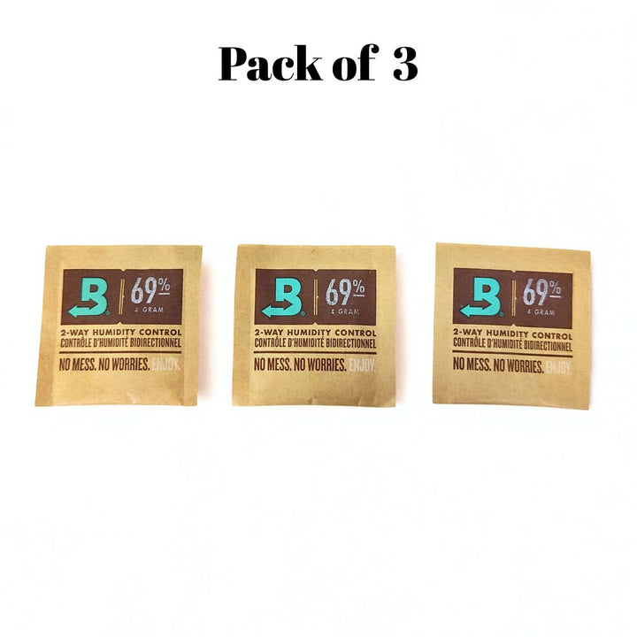 Three packages of Boveda 69% humidity control with visible branding on a white background.