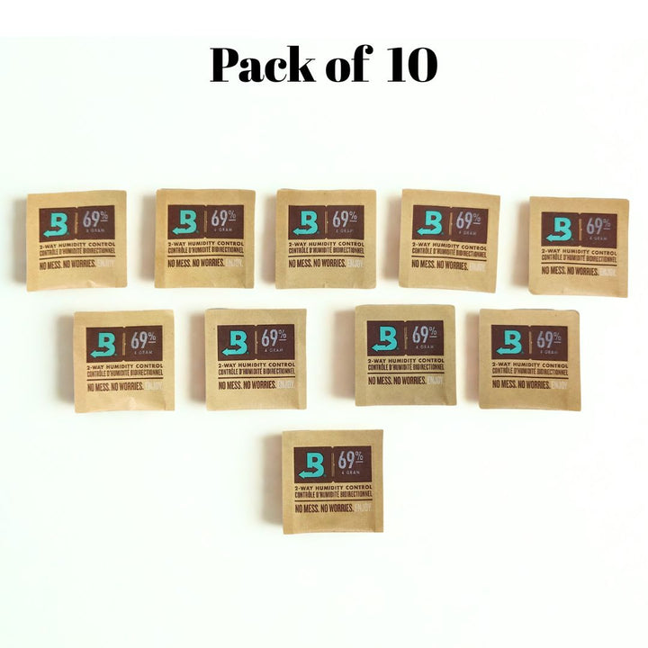 Pack of 10 Boveda humidity control packages on a white background