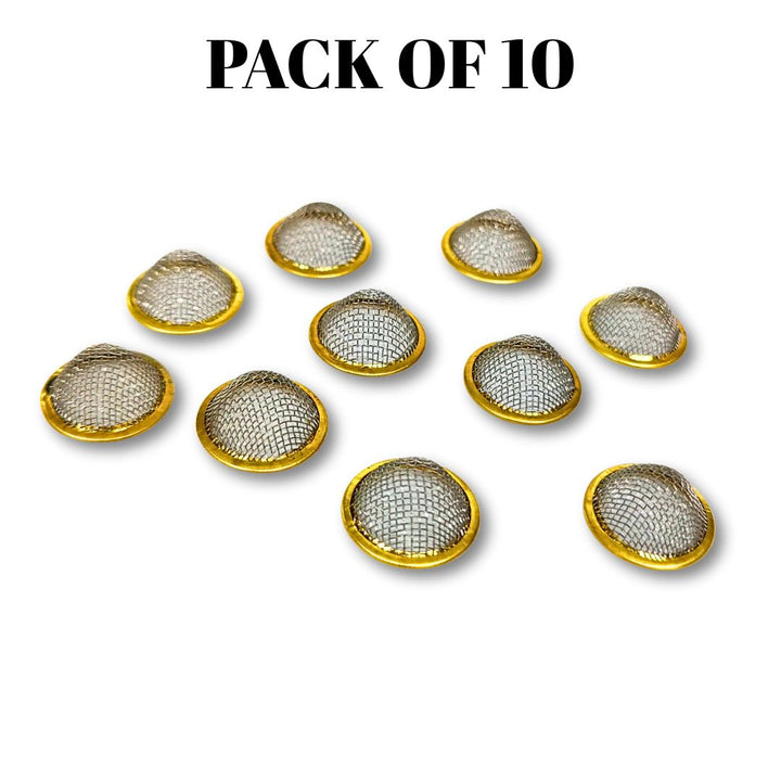 Pack of 10 mesh strainers with gold rims on a white background