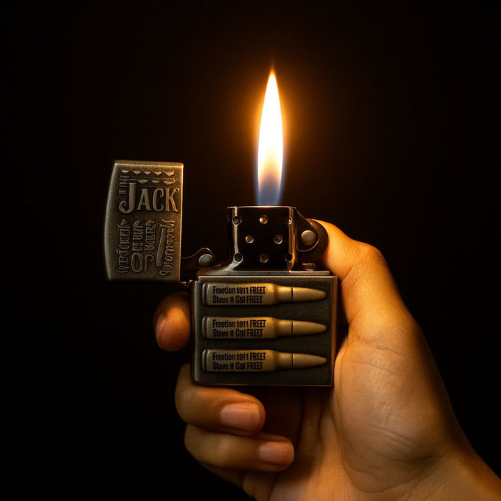 Hand holding a lighter with 'The Jack' branding and lit flame against a dark background