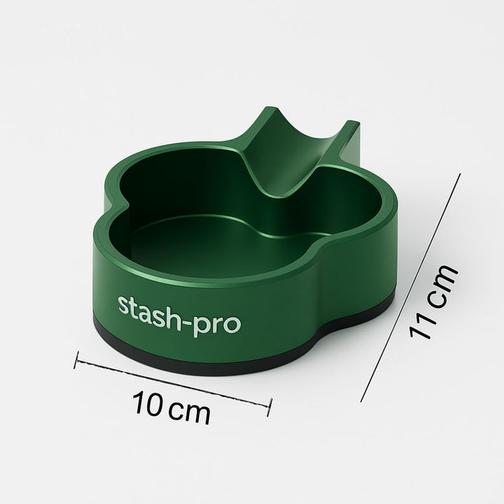 Green 'stash-pro' product with dimensions on a white background