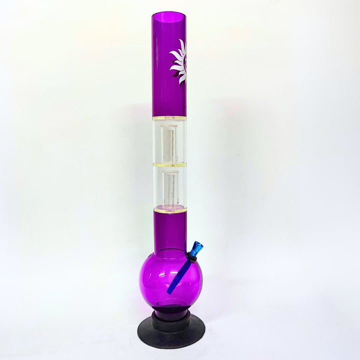 Purple plastic  bong with clear chamber and blue straw on a white background