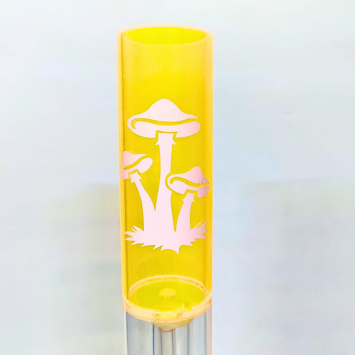Yellow bong with white mushroom design on a light gray background