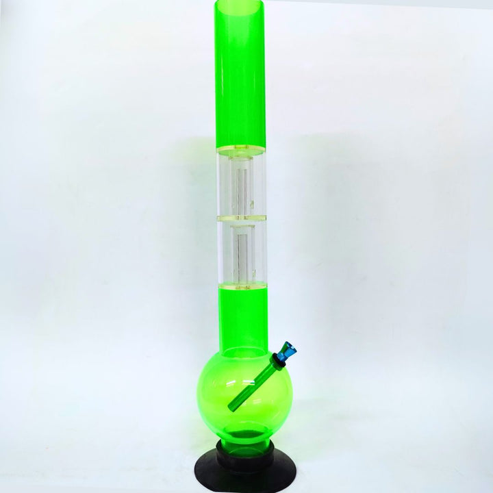 Green plastic  bong with a Percolator tube on a white background