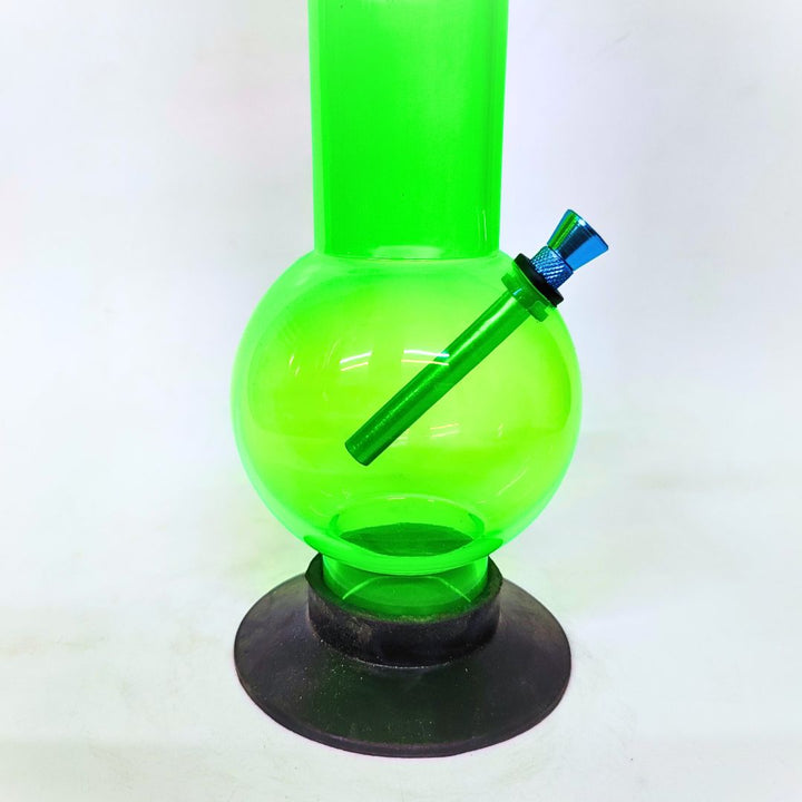 Green acrylic bong with a black base on a white background