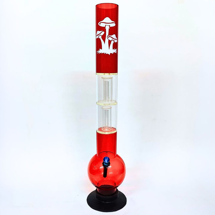 Red plastic water pipe with a black base on a white background
