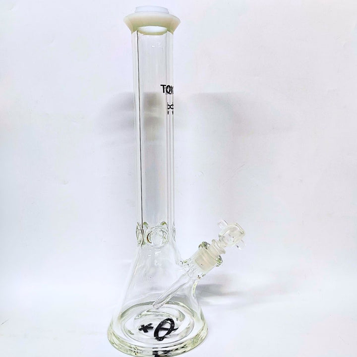 Clear glass bong with white top on a white background