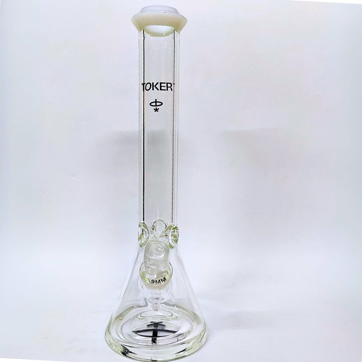 Clear glass bong with 'Toker' branding on a white background