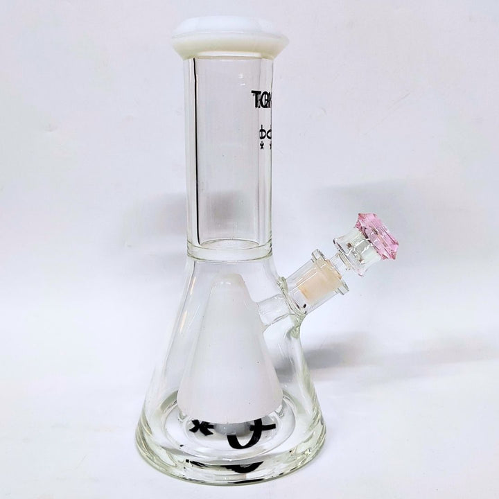 Clear glass bong with pink accent on a white background