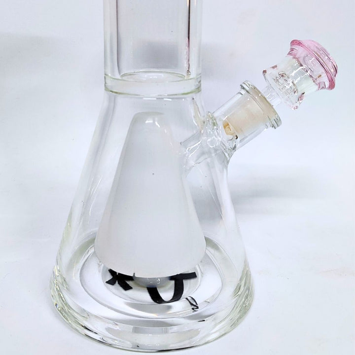 Clear glass water bong with pink accent on a white background