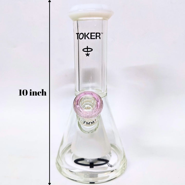 Glass smoking bong with 'Tokker' branding and pink chamber on a white background