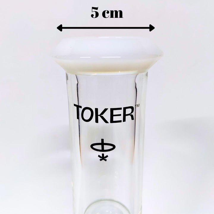 Clear glass bong with 'Toker' branding and measurement label on a white background