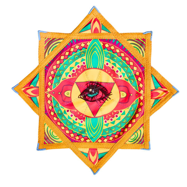 Colorful geometric design dapo star with an eye in the center on a white background