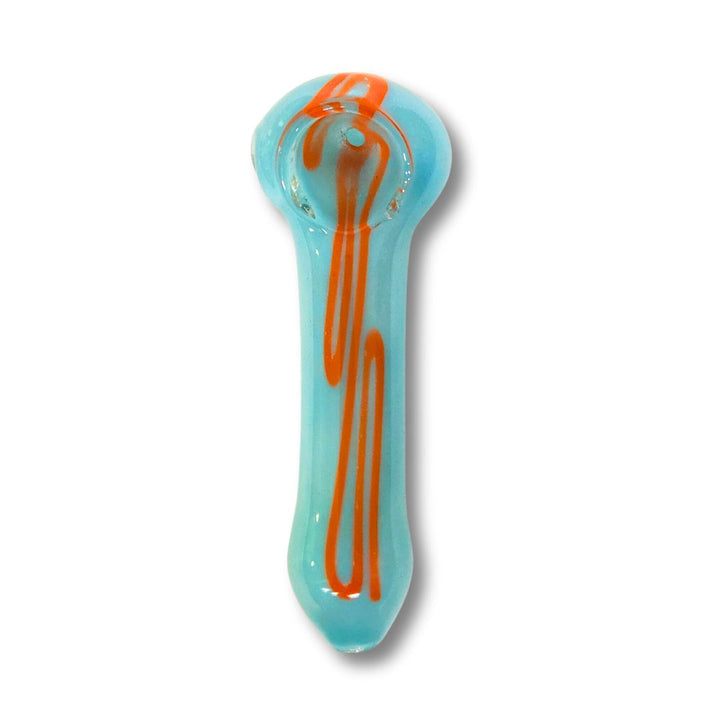 Turquoise glass pipe with orange accents on a white background