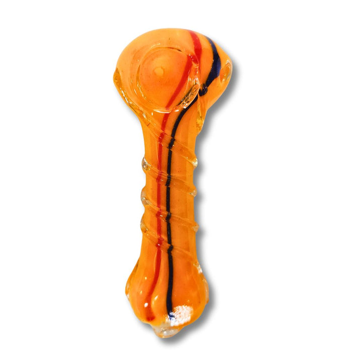 Glass pipe with orange and black design on a white background