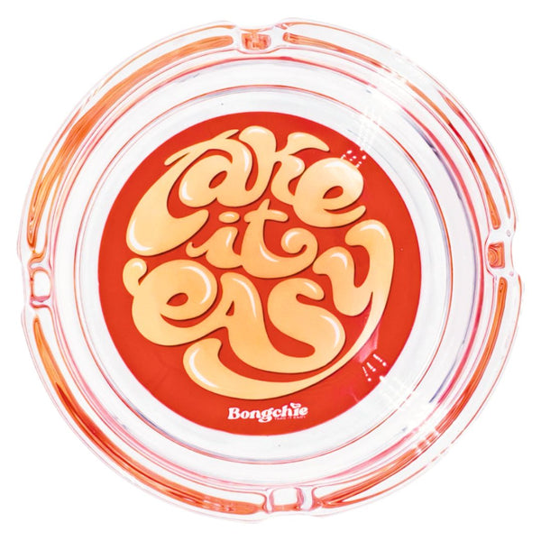 Clear Glass ashtray with red interior and 'take it easy' text, featuring the brand 'Bongchie'.