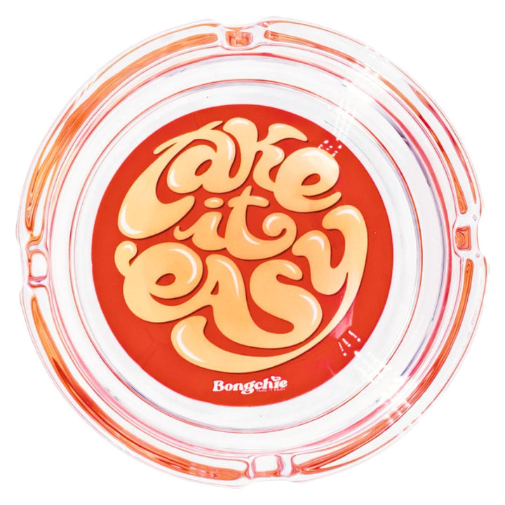 Clear Glass ashtray with red interior and 'take it easy' text, featuring the brand 'Bongchie'.