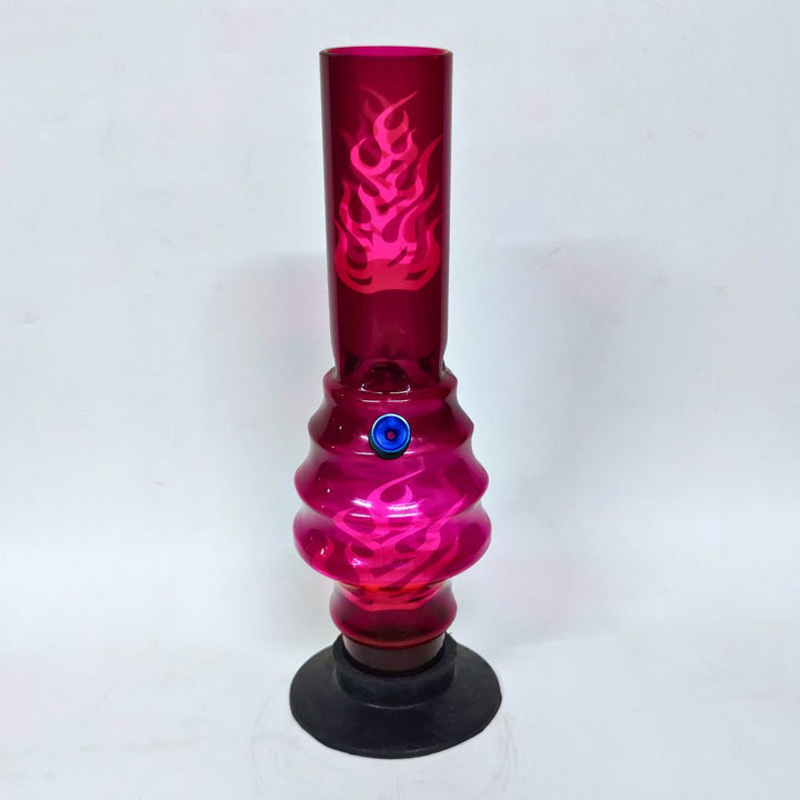 Pink plastic bottle bong  with flame design on a white background
