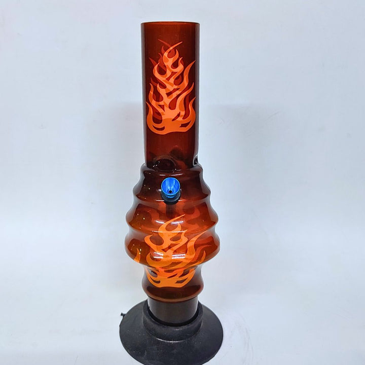 plastic bong  with orange flame design on a white background