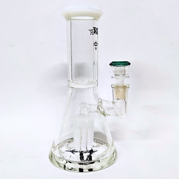 Clear glass bong with multiple chambers on a white background