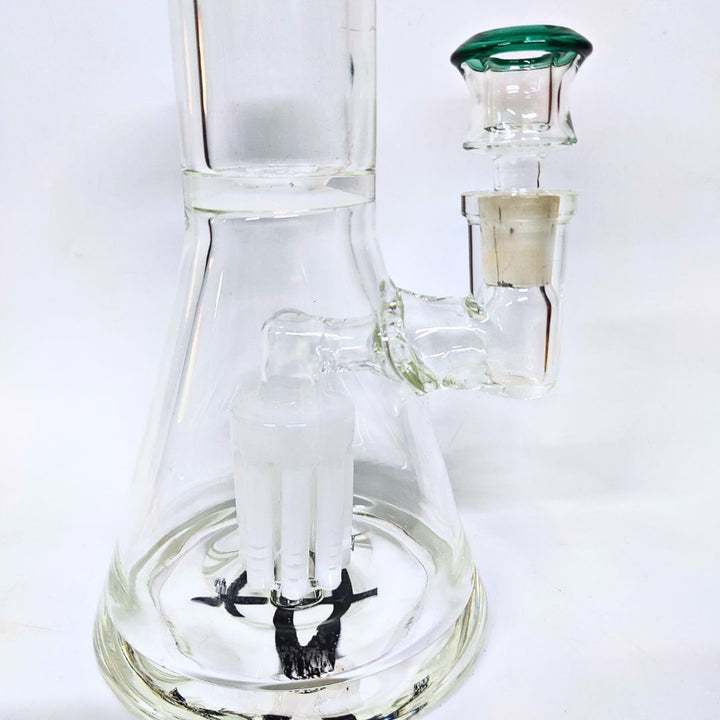 Clear glass bong with a white background
