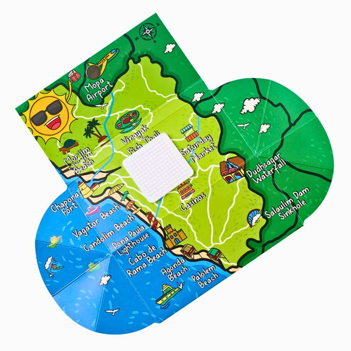 Colorful rolling paper  beach destination with various locations labeled