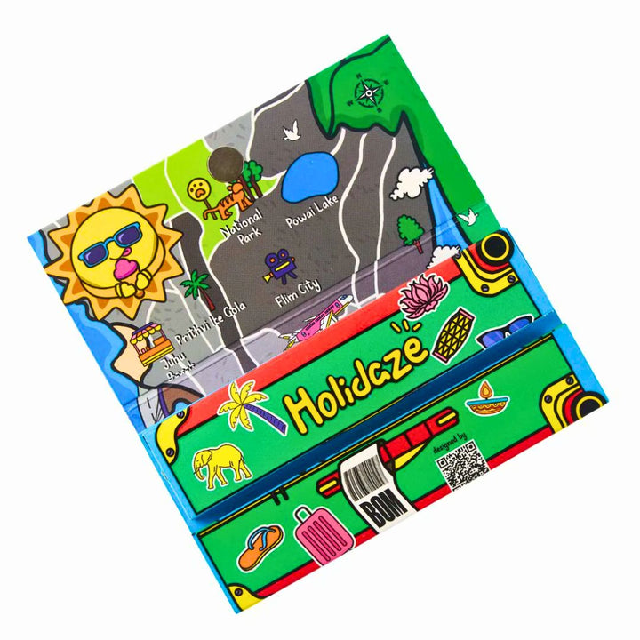 Colorful packaging of Holidaze rolling paper with cartoon elements on a white background
