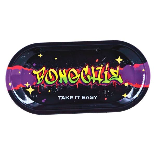 Black Rolling tray with colorful text and graphics on a white background