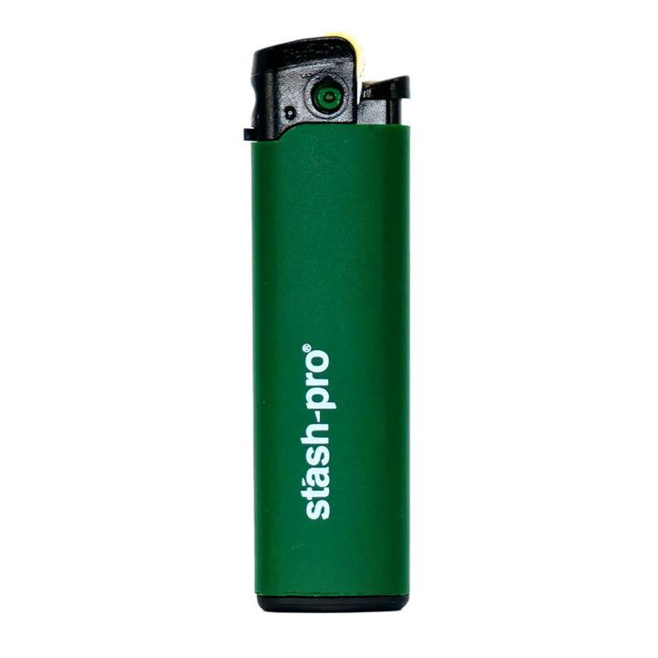 Green lighter with 'stash-pro' branding on a white background