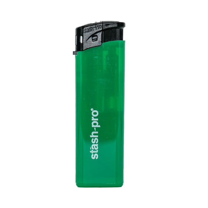 Green lighter with 'stash-pro' branding on a white background
