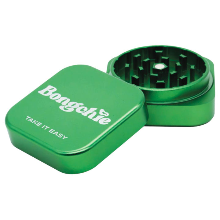 Green herb grinder with 'Bonghie' branding on a white background