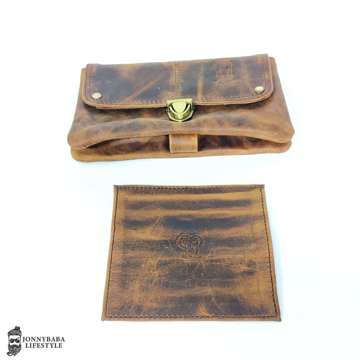 Travel-friendly tobacco pouch with rolling surface and zip pocket