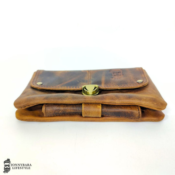 Leather tobacco pouch with compartments for rolling essentials