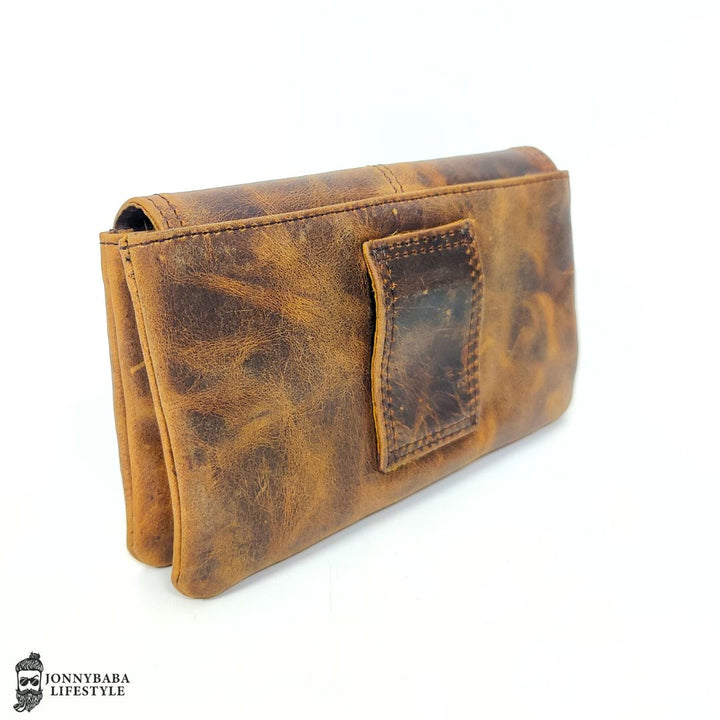 Rustic leather tobacco pouch with belt loop for easy carry