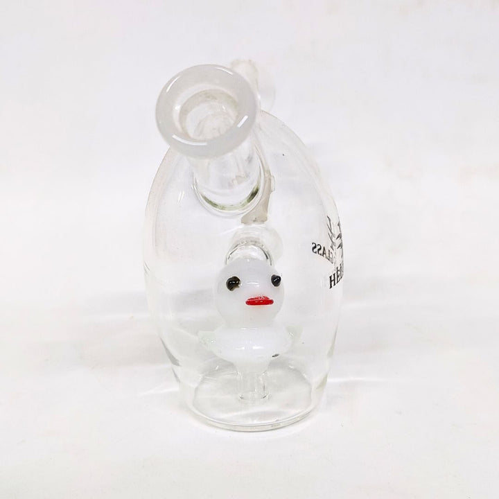 Clear glass bong with a duck-shaped stopper on a white background